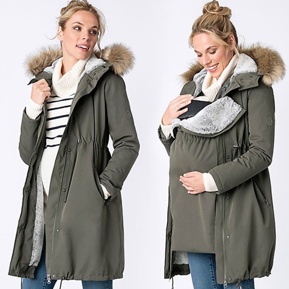 Seraphine Valetta 3-in-1 Maternity Parka 6 Khaki Green Faux Fur Trim Hooded Coat